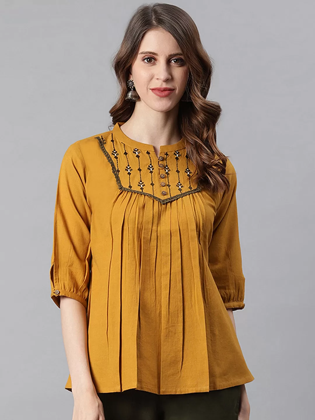 Mustard Cotton Flex Embroidered A-Line Top