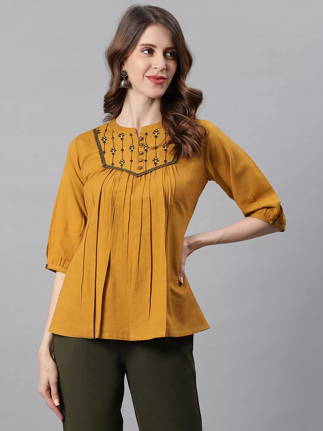 Mustard Cotton Flex Embroidered A-Line Top