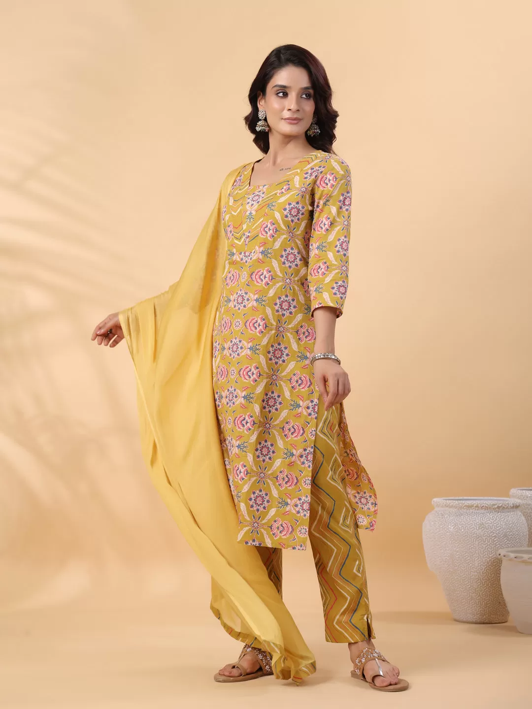 Mustard Cotton Floral Straight Kurta Pant Set