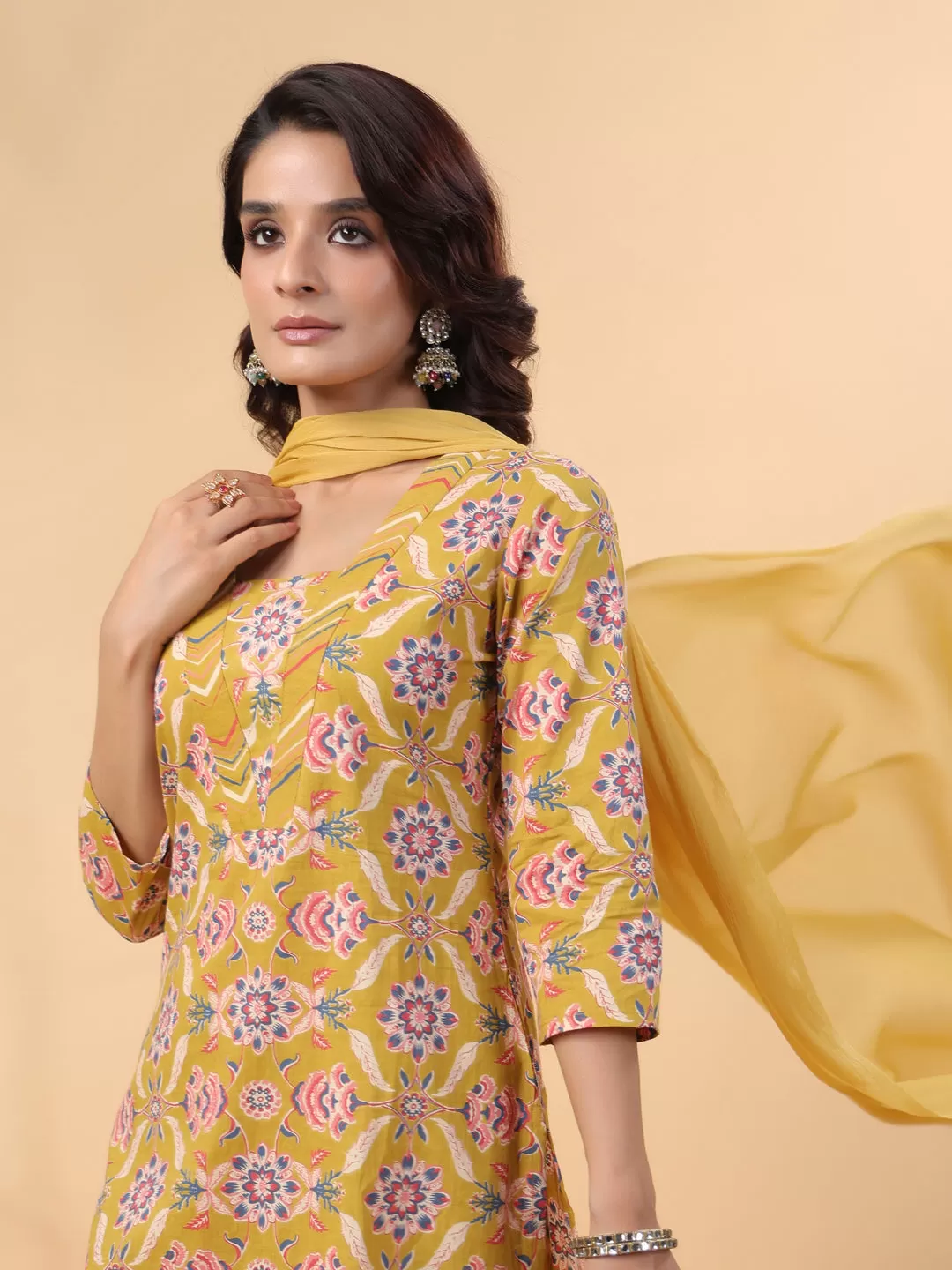 Mustard Cotton Floral Straight Kurta Pant Set