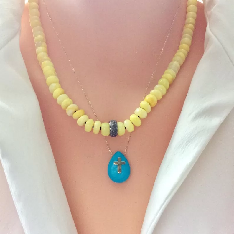 Natural Yellow Opal Beaded Necklace, Diamond Pave Necklace