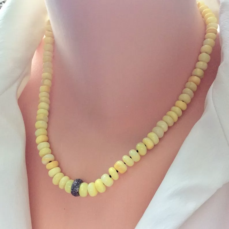 Natural Yellow Opal Beaded Necklace, Diamond Pave Necklace