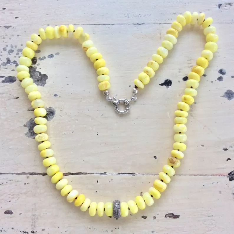 Natural Yellow Opal Beaded Necklace, Diamond Pave Necklace