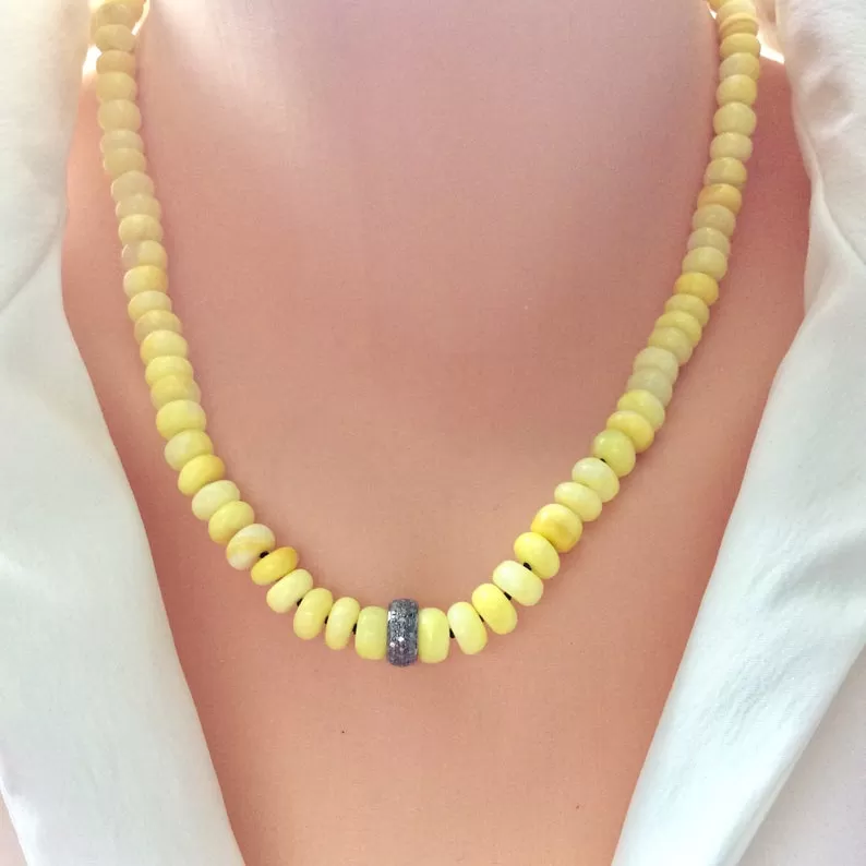 Natural Yellow Opal Beaded Necklace, Diamond Pave Necklace