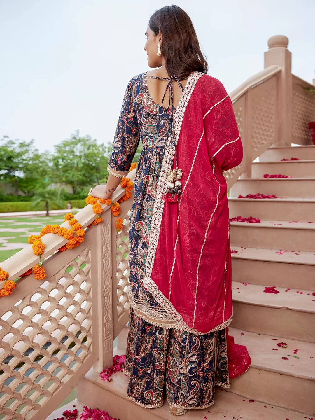 Navy Blue Cotton Ethnic Printed Kurta with Flared Palazzo and Dupatta