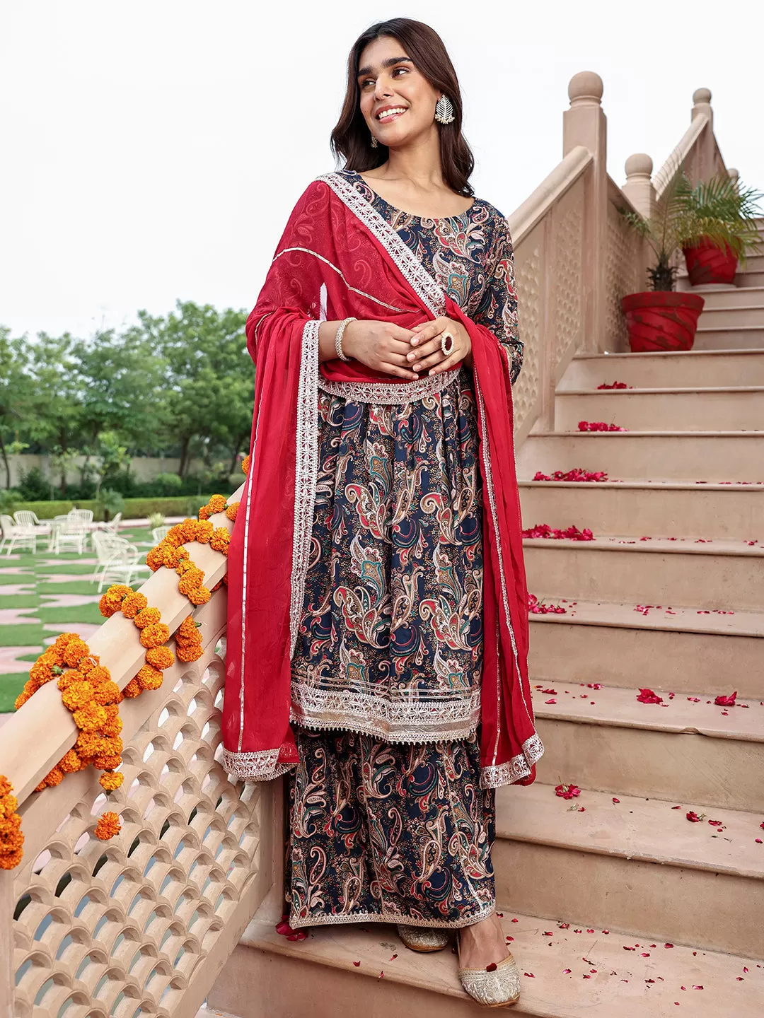 Navy Blue Cotton Ethnic Printed Kurta with Flared Palazzo and Dupatta