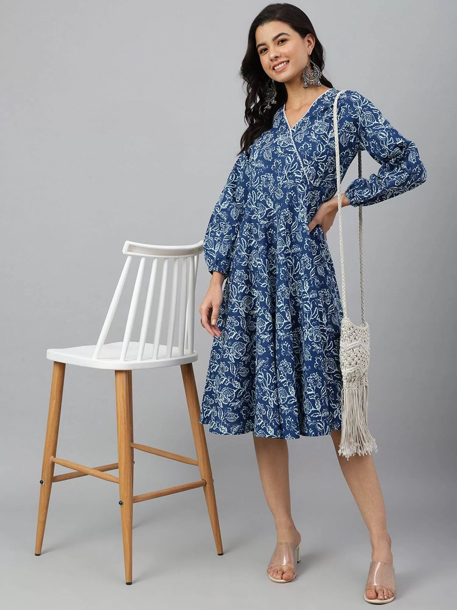 Navy Blue Cotton Floral Print Angrakha Western Dress