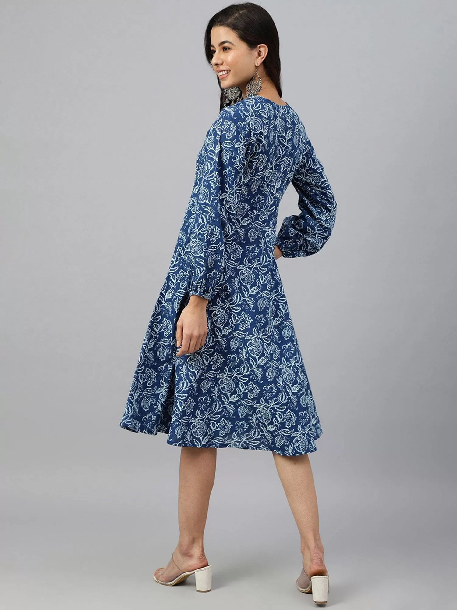 Navy Blue Cotton Floral Print Angrakha Western Dress