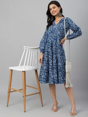 Navy Blue Cotton Floral Print Angrakha Western Dress