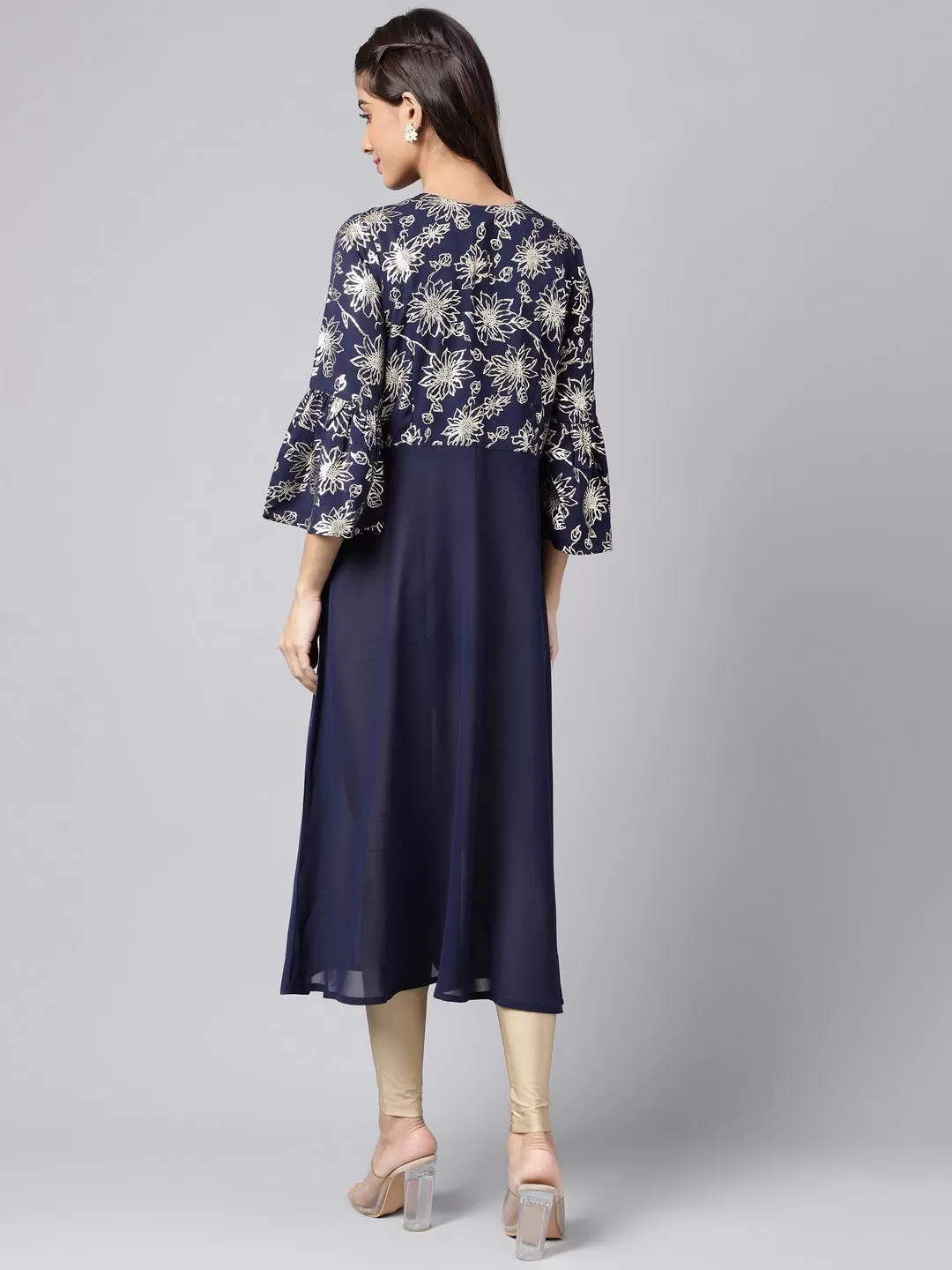 Navy Blue Georgette Foil Printed A-Line Kurta