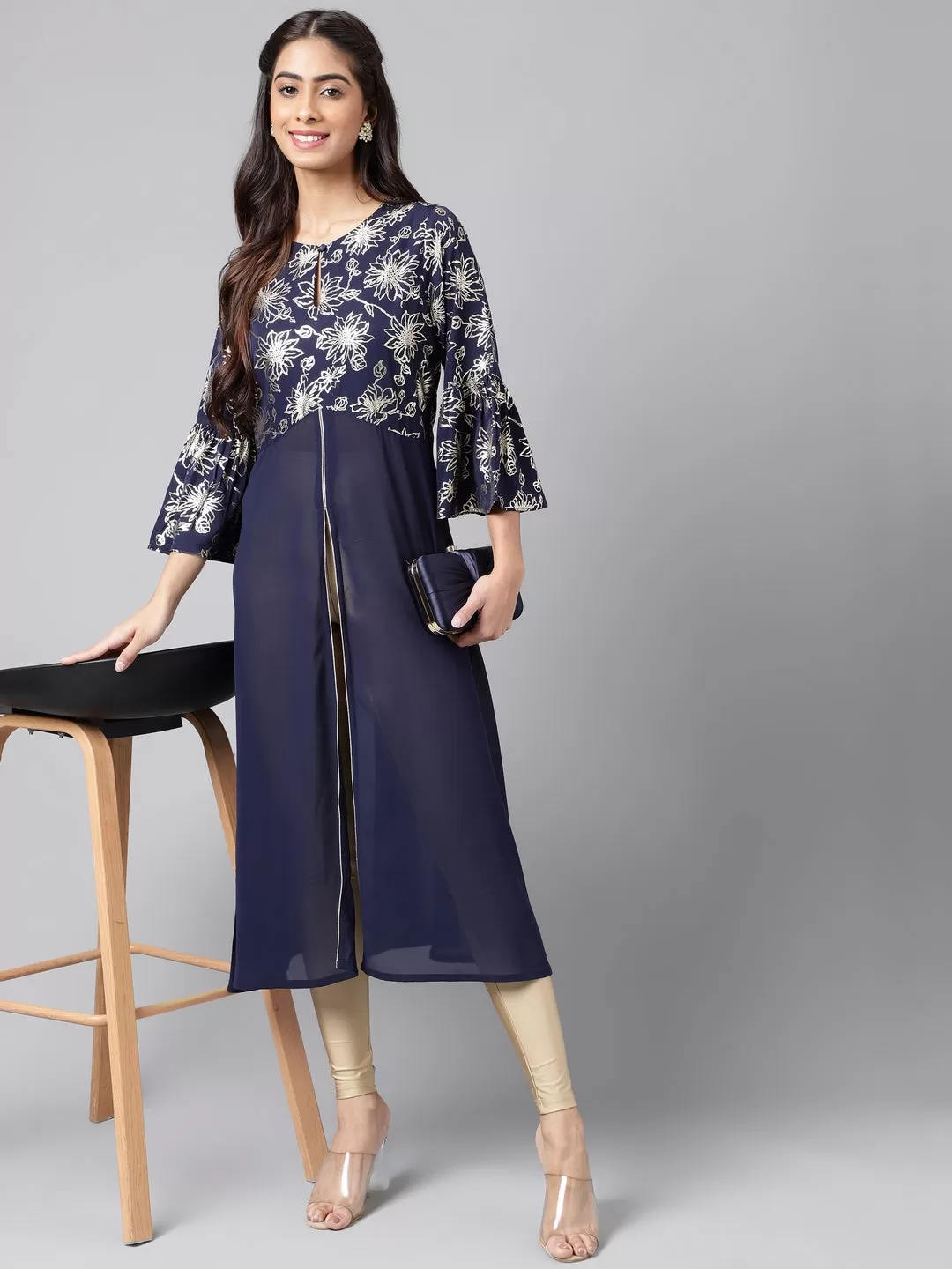 Navy Blue Georgette Foil Printed A-Line Kurta