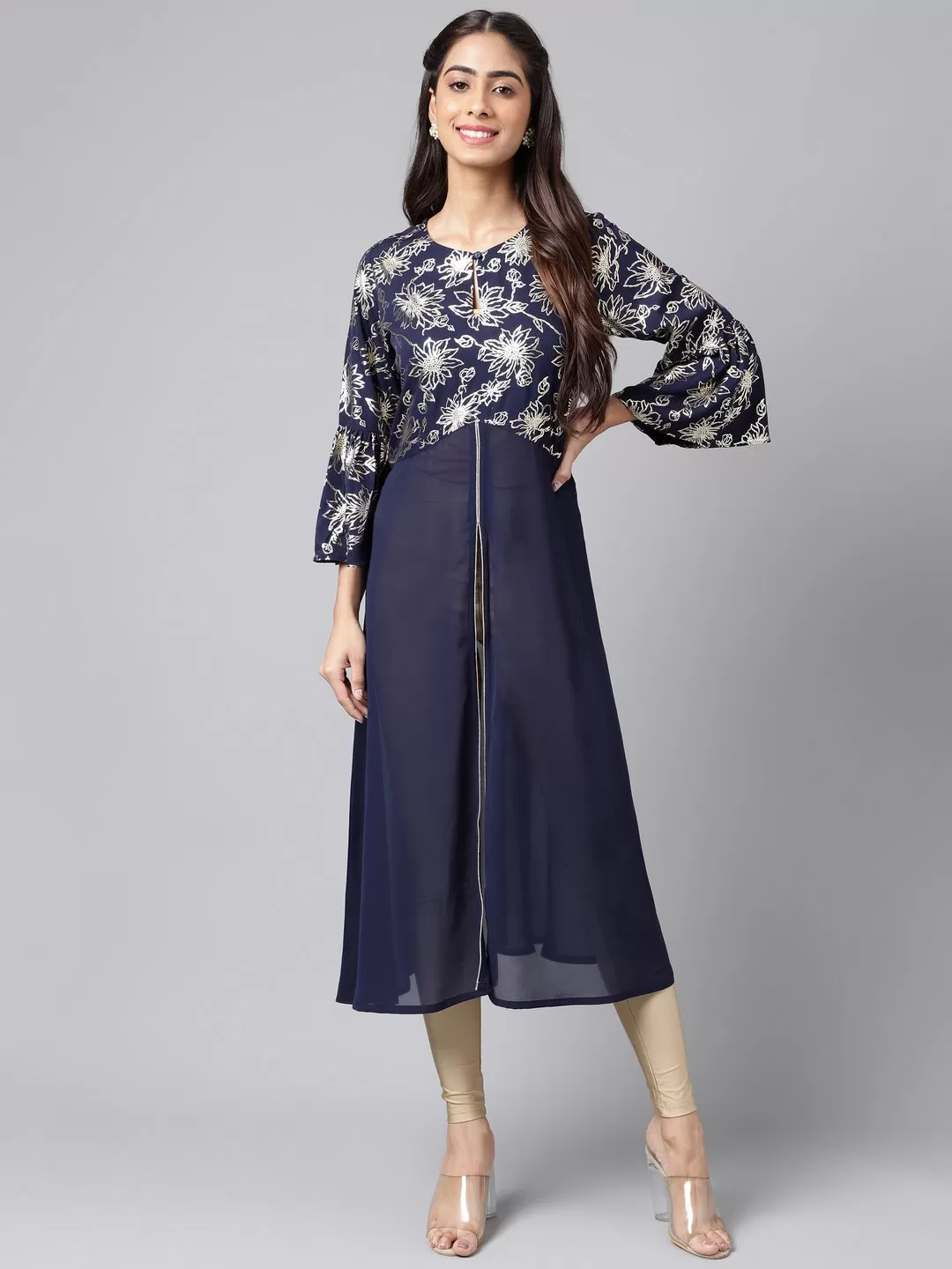 Navy Blue Georgette Foil Printed A-Line Kurta