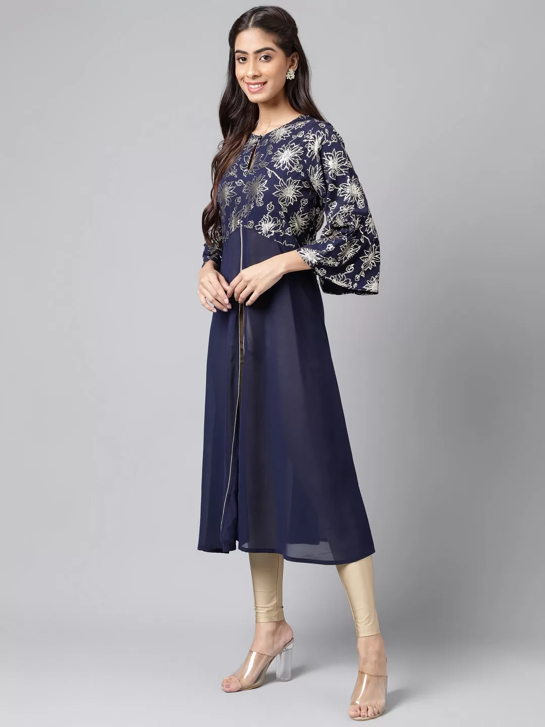 Navy Blue Georgette Foil Printed A-Line Kurta