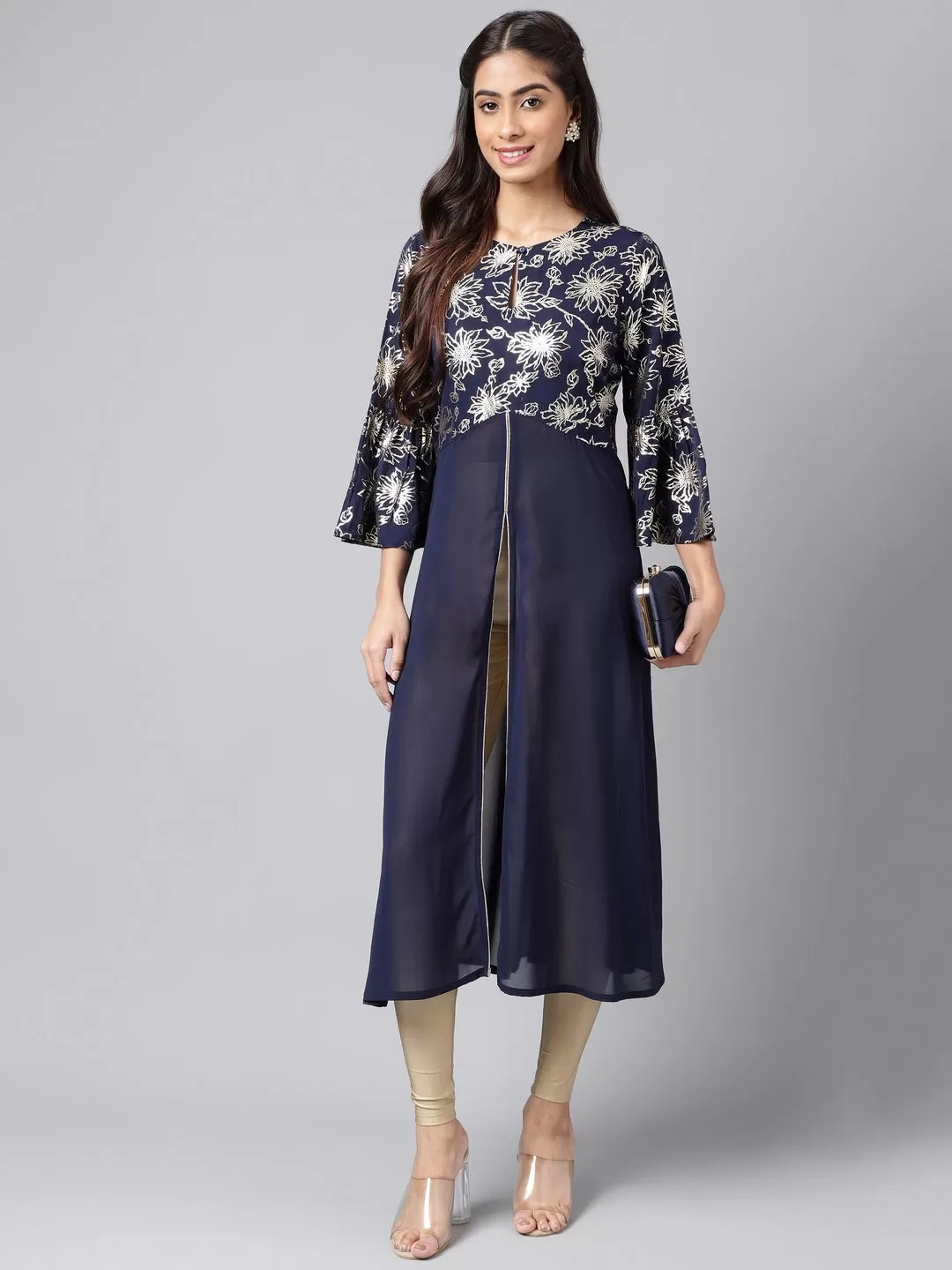 Navy Blue Georgette Foil Printed A-Line Kurta