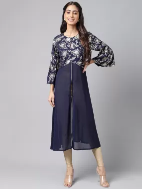 Navy Blue Georgette Foil Printed A-Line Kurta