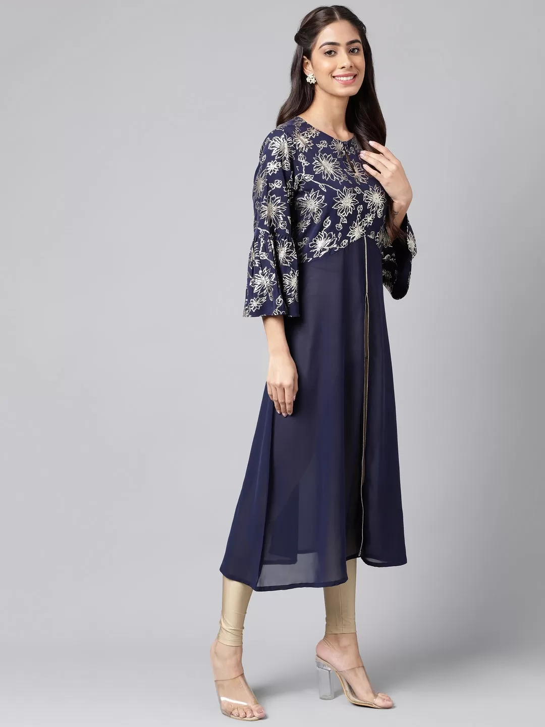 Navy Blue Georgette Foil Printed A-Line Kurta