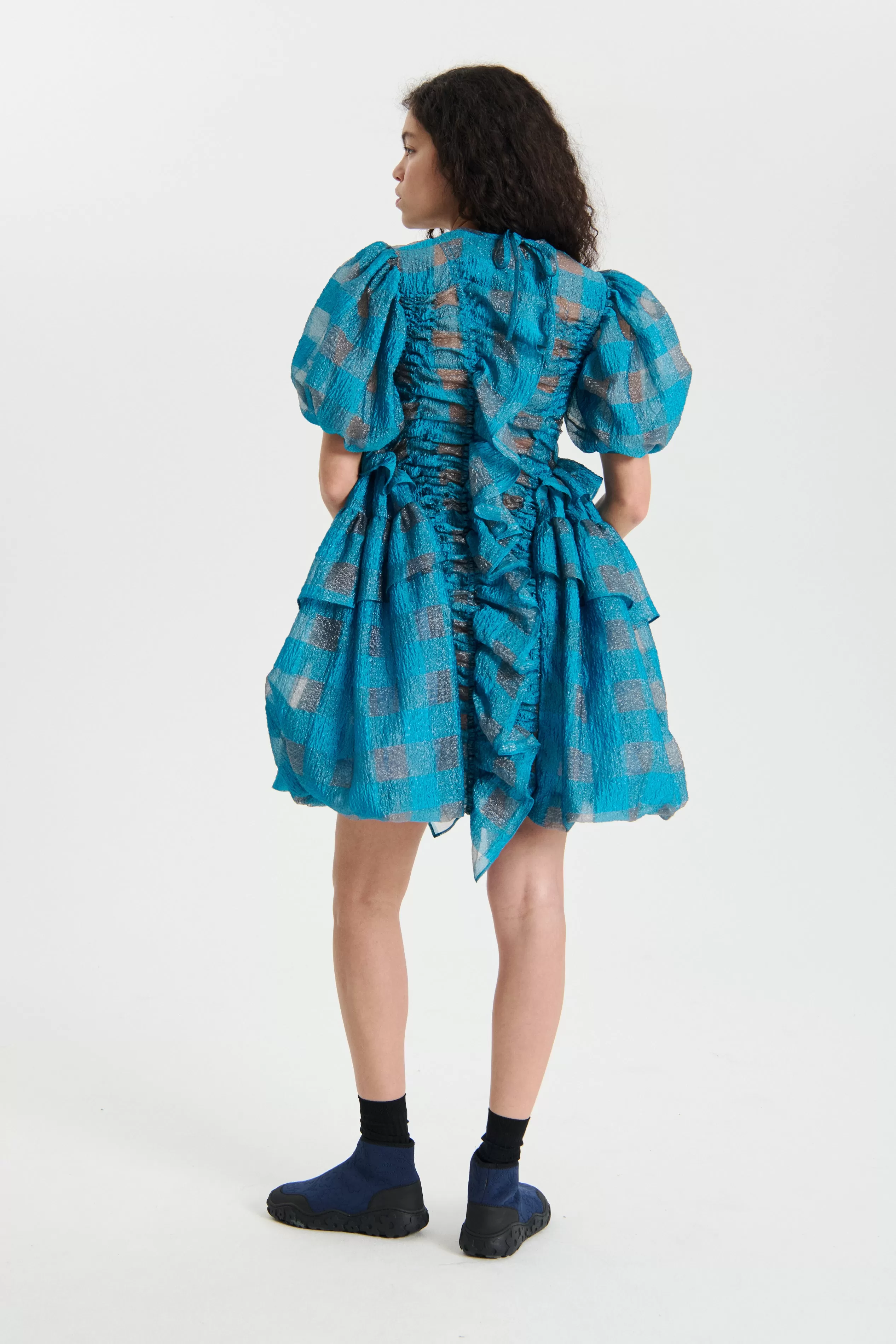 OLENA | DRESS GINGHAM JACQUARD TURQUOISE