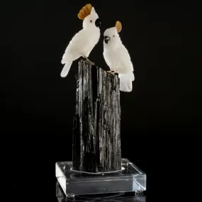 Peter Muller Quartz Cockatoo Couple Love Bird Carving on Black Tourmaline Base