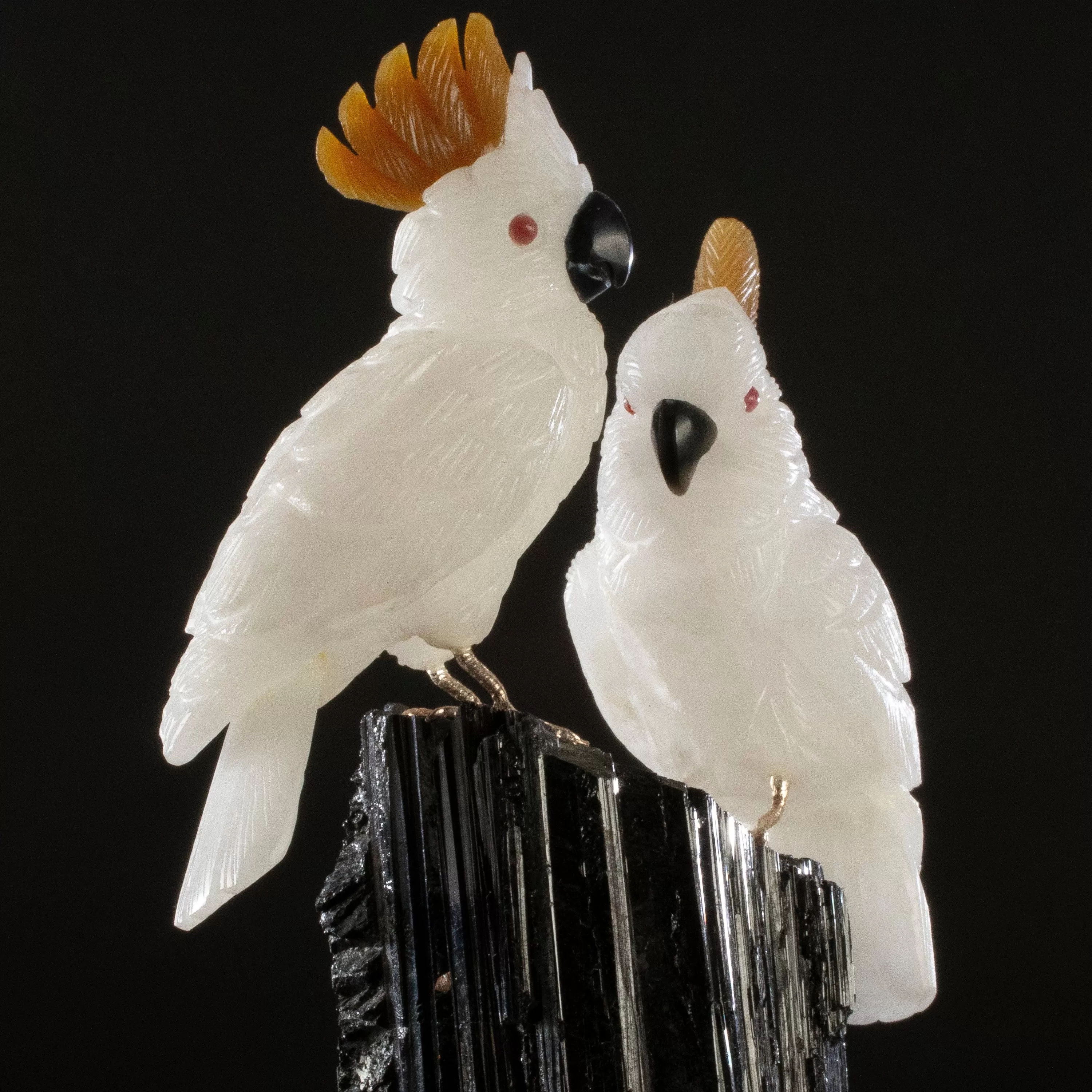 Peter Muller Quartz Cockatoo Couple Love Bird Carving on Black Tourmaline Base