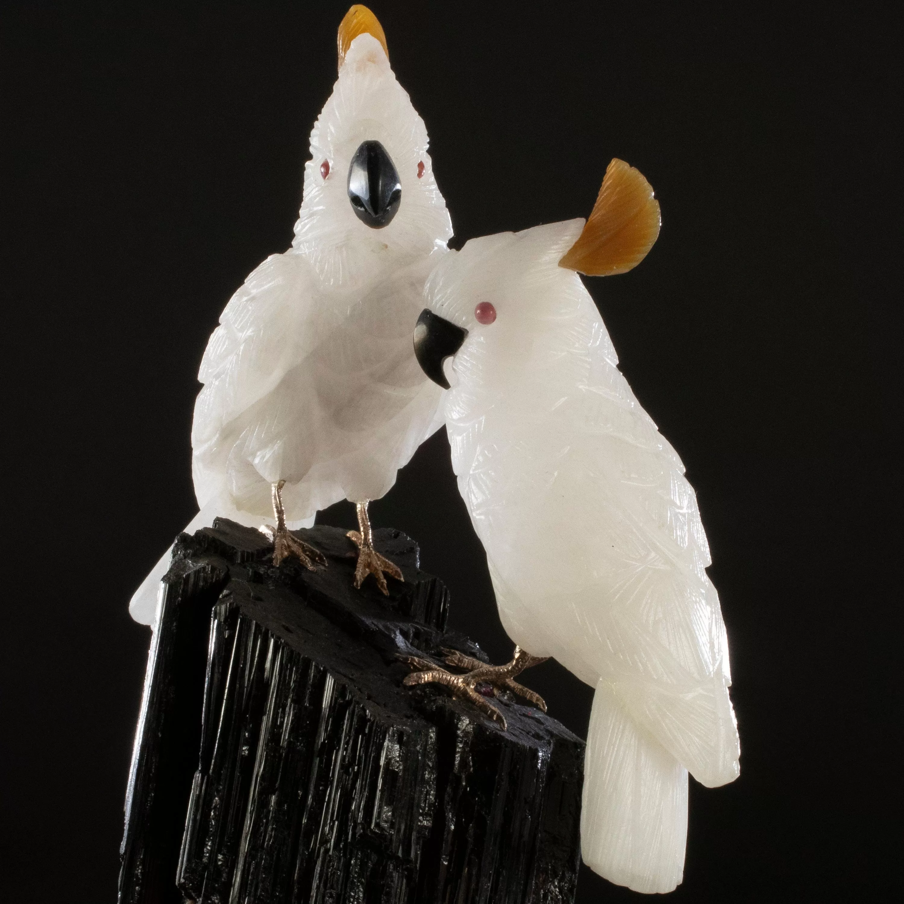 Peter Muller Quartz Cockatoo Couple Love Bird Carving on Black Tourmaline Base