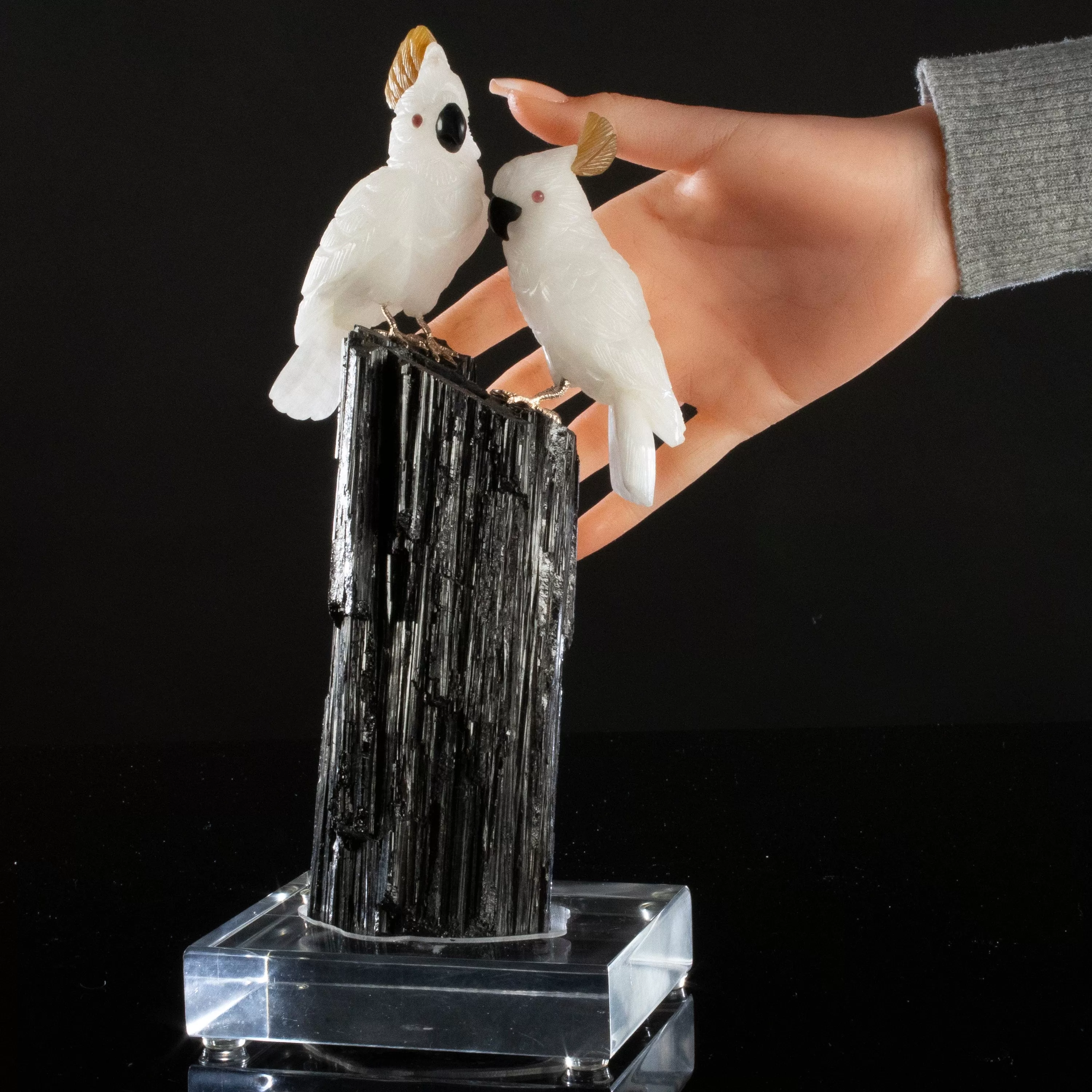 Peter Muller Quartz Cockatoo Couple Love Bird Carving on Black Tourmaline Base