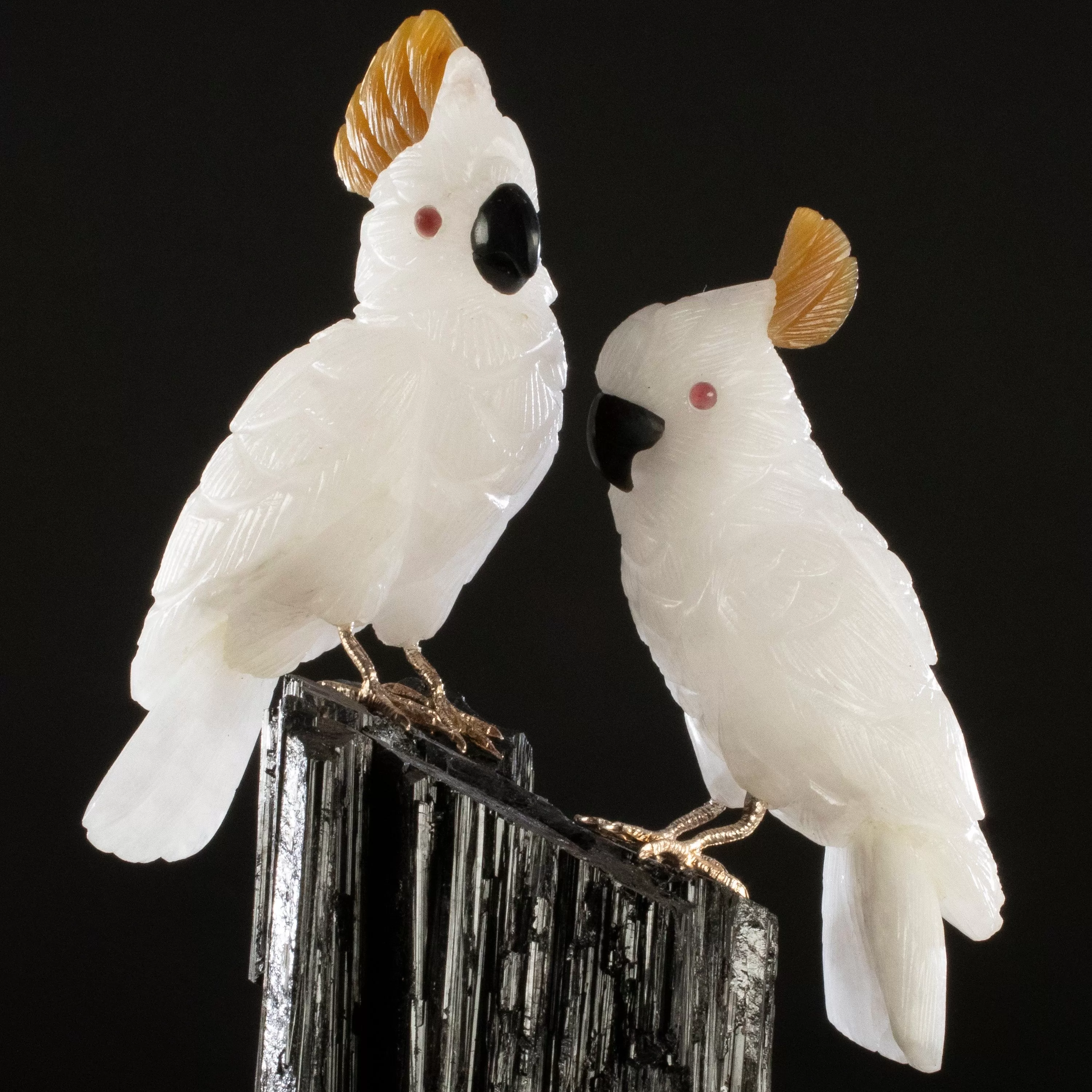 Peter Muller Quartz Cockatoo Couple Love Bird Carving on Black Tourmaline Base