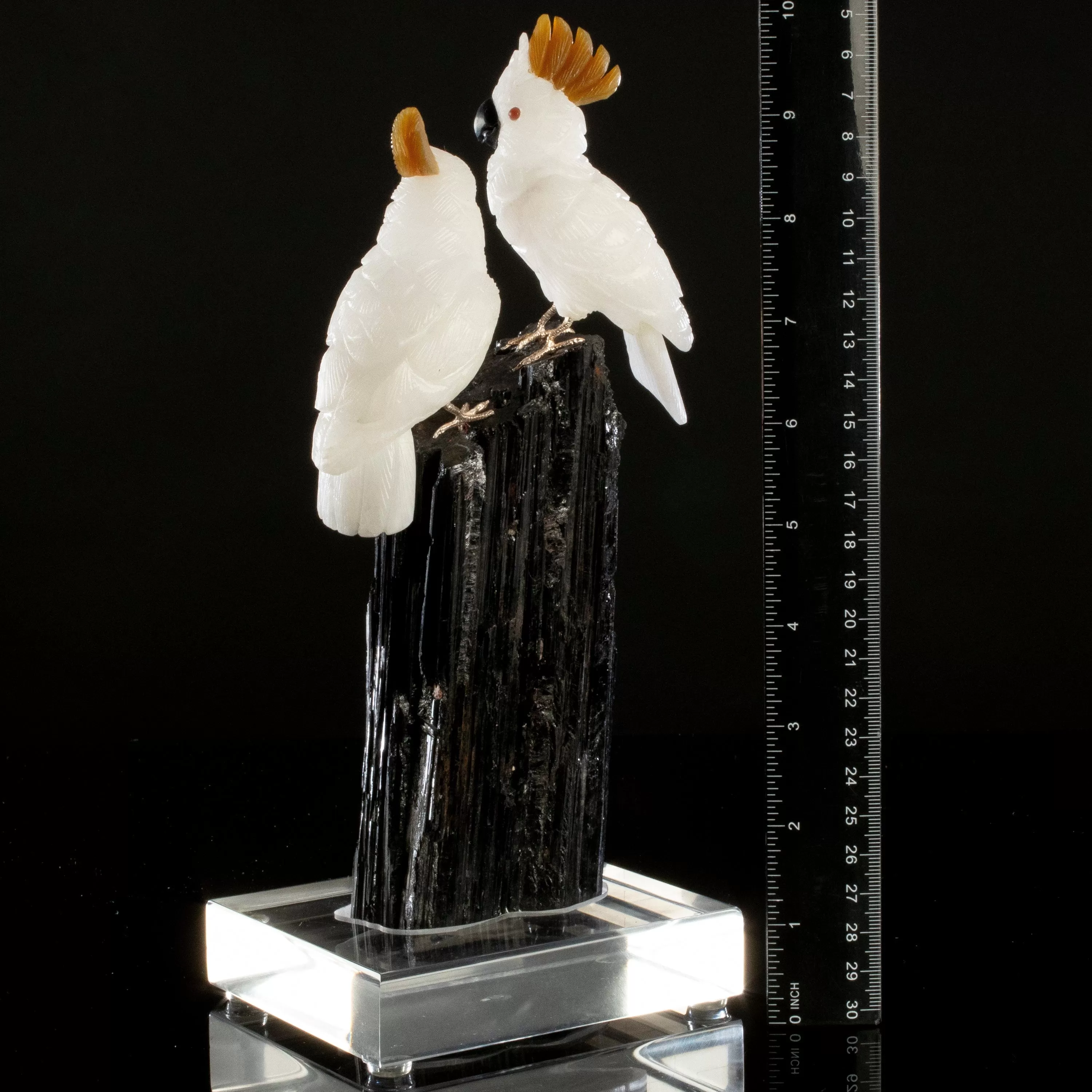 Peter Muller Quartz Cockatoo Couple Love Bird Carving on Black Tourmaline Base