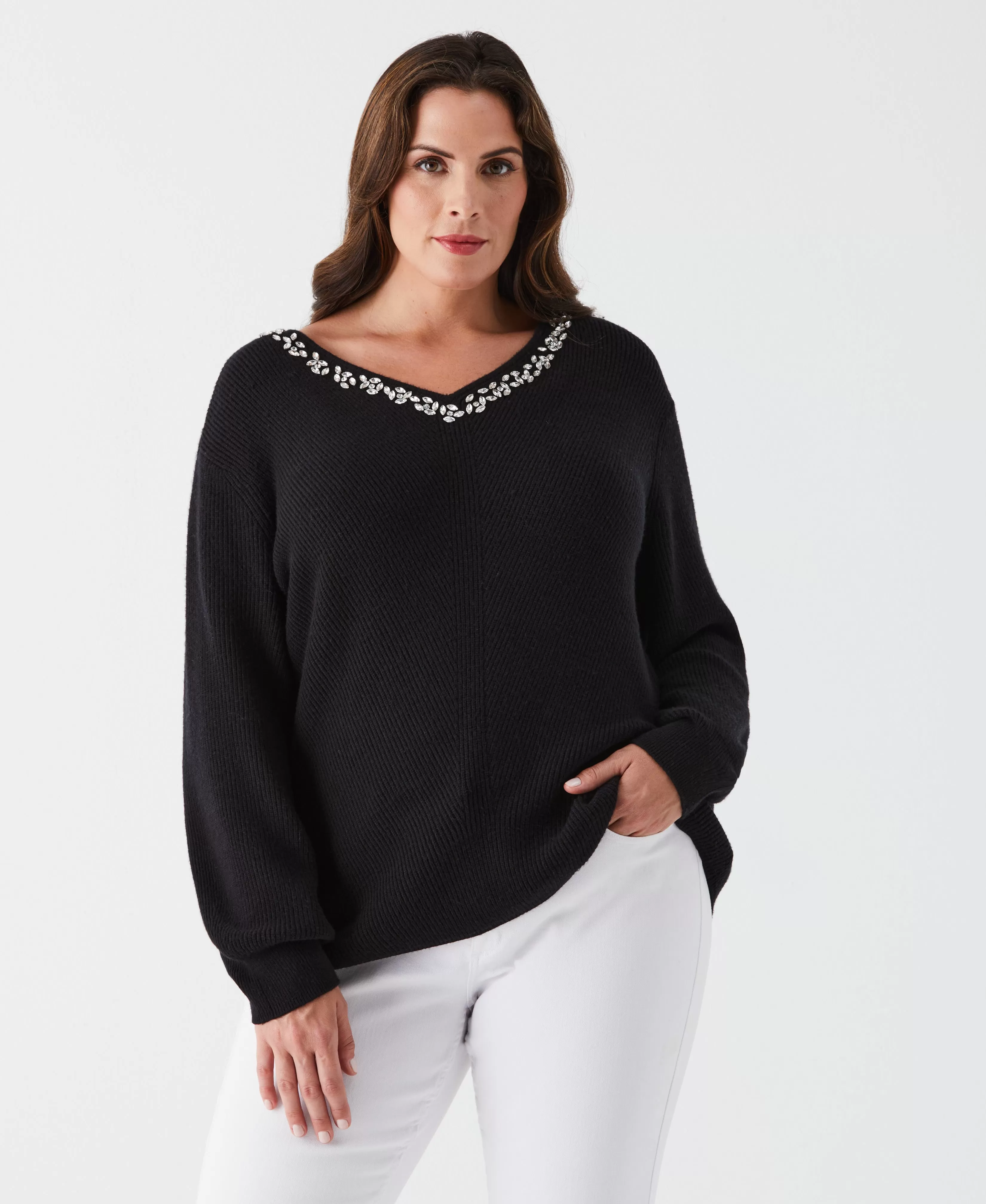 Plus Size Embellished V-Neck Sweater