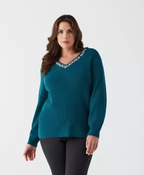 Plus Size Embellished V-Neck Sweater