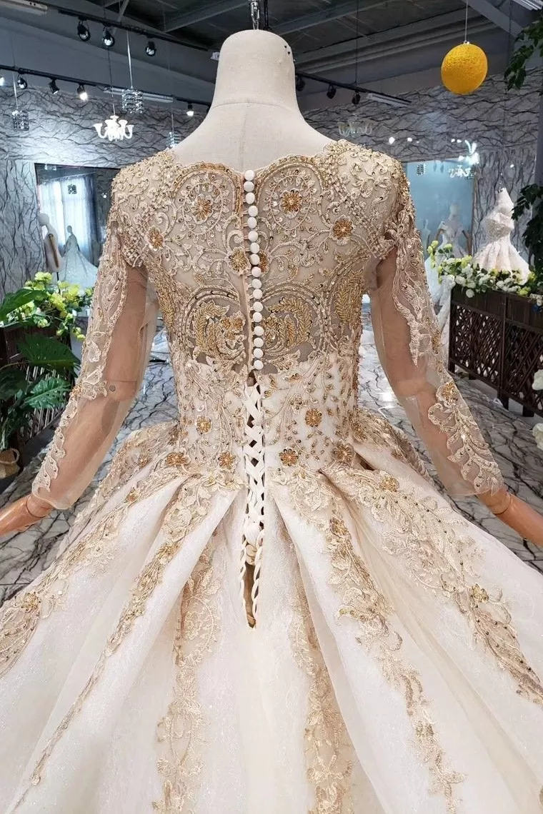 Princess Long Sleeve Ball Gown Scoop With Applique Beads Lace up Prom Dresses