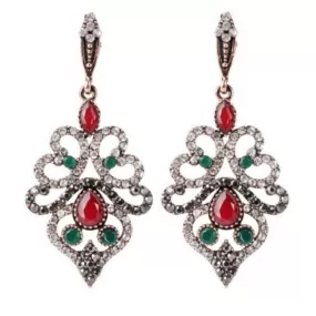 Red and Green Crystal Antique Gold Long Earrings