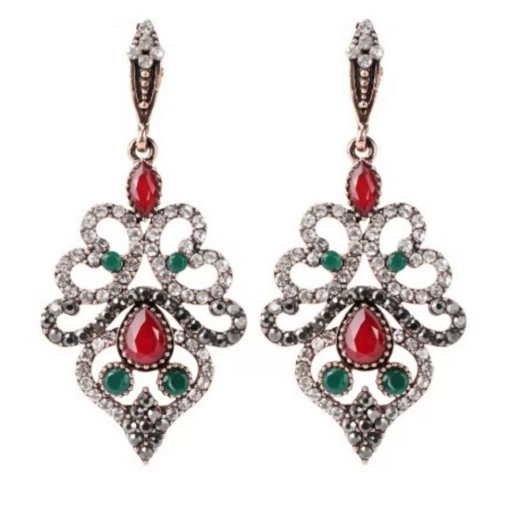 Red and Green Crystal Antique Gold Long Earrings