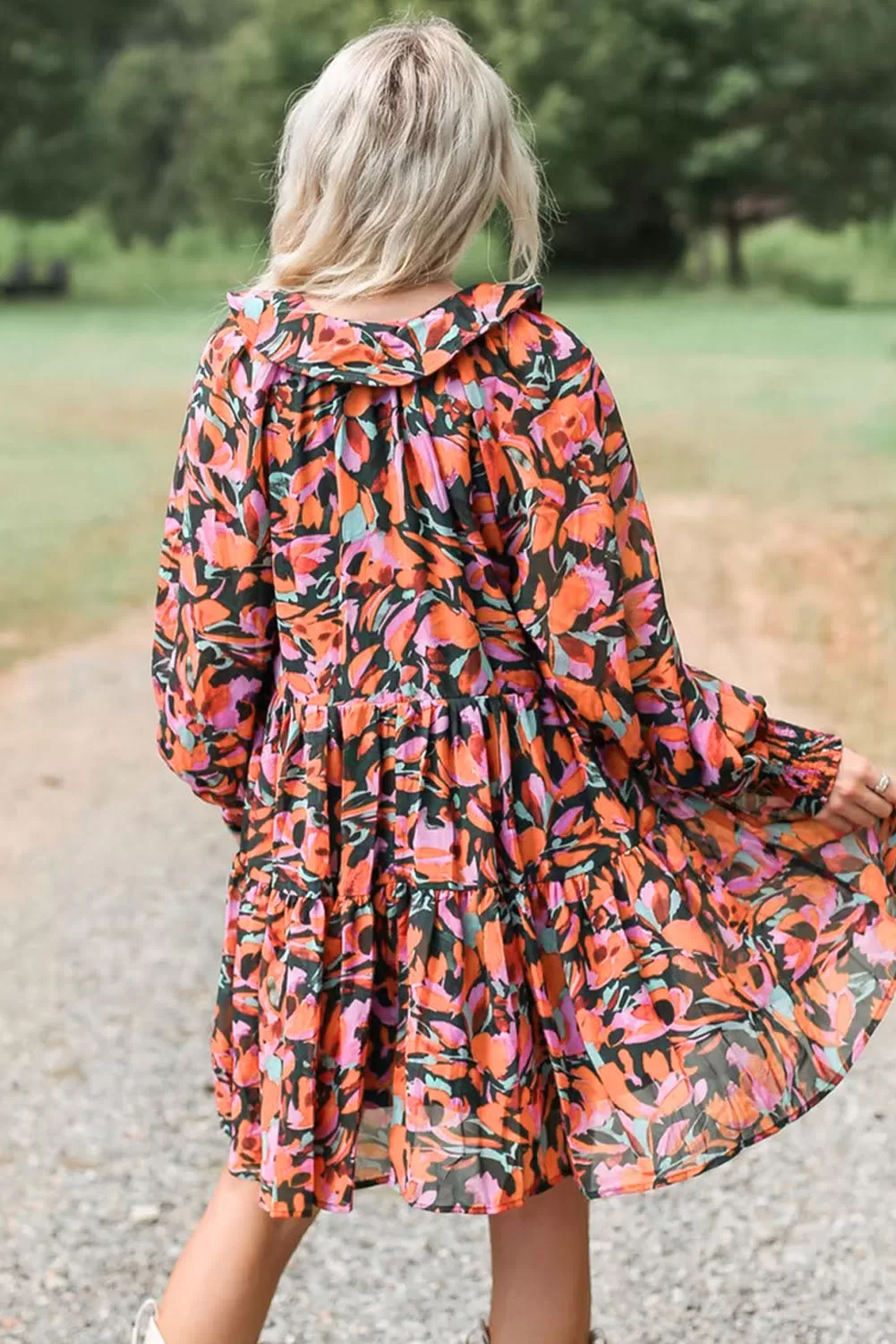 Red Floral Smocked Bishop Sleeve Tassel Mini Dress