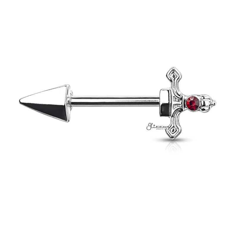 Red Gem Set Dagger Nipple Barbell - Silver