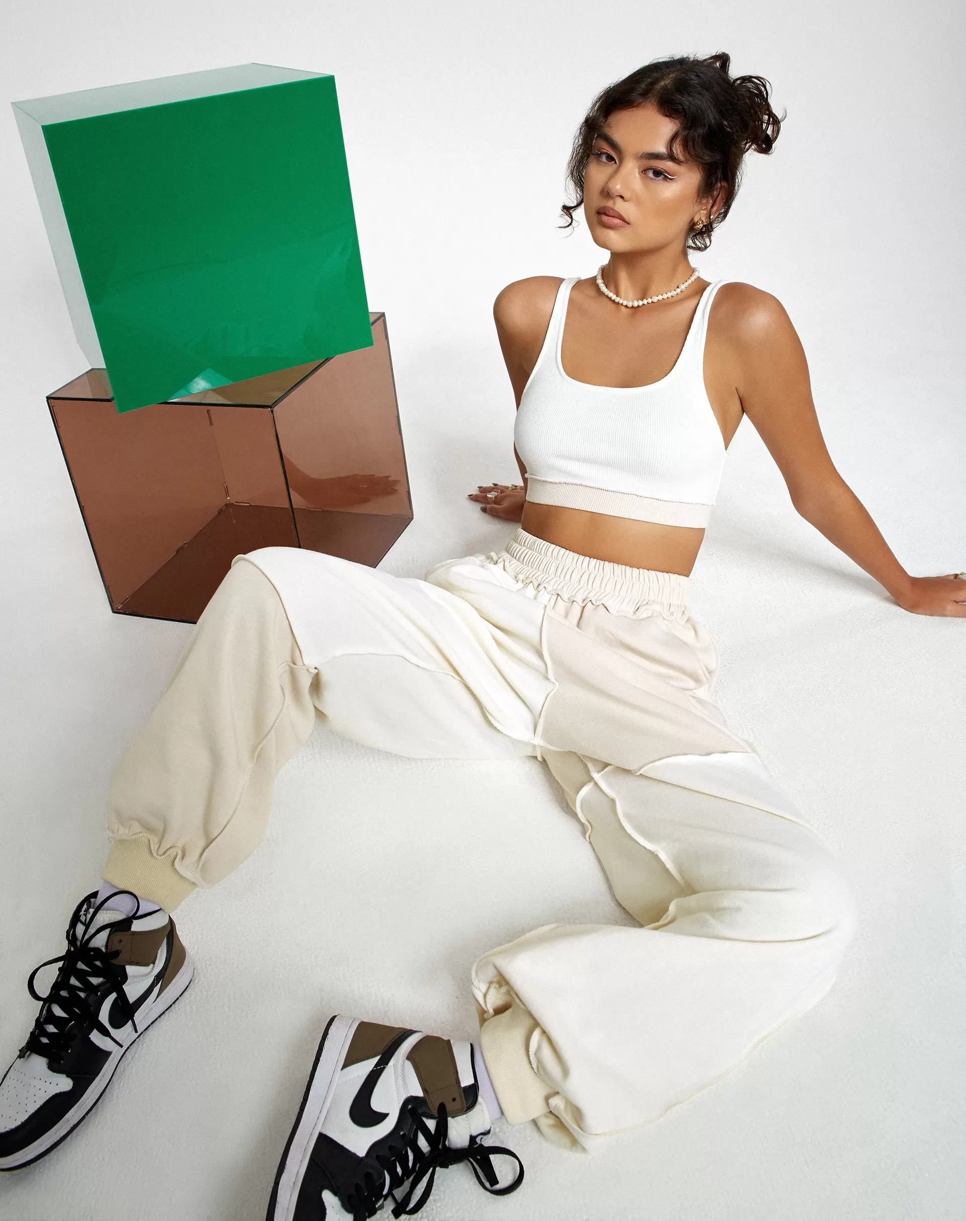 Ricci Crop Top in Panelled Ivory and Winter White