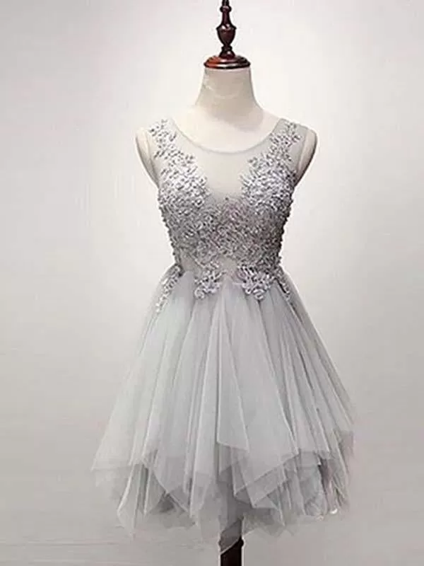 Silver Tulle Homecoming Dress Lace Cheap Party Homecoming Dress ER112