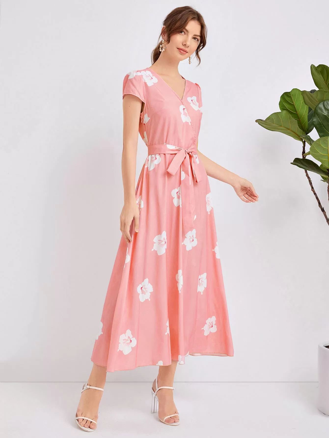 Surplice Neck Belted Floral Print Dress