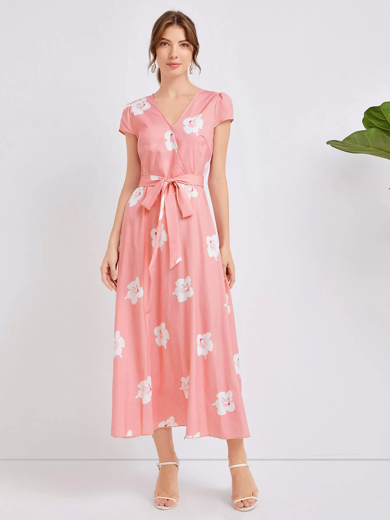 Surplice Neck Belted Floral Print Dress