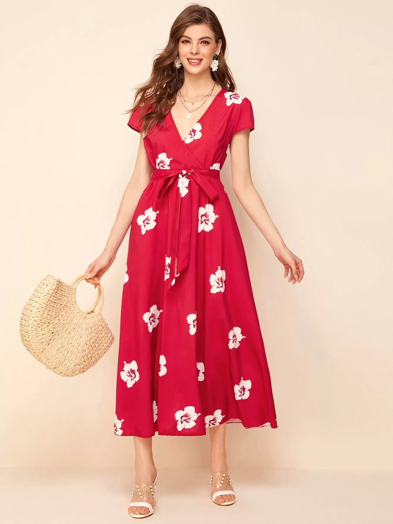 Surplice Neck Belted Floral Print Dress