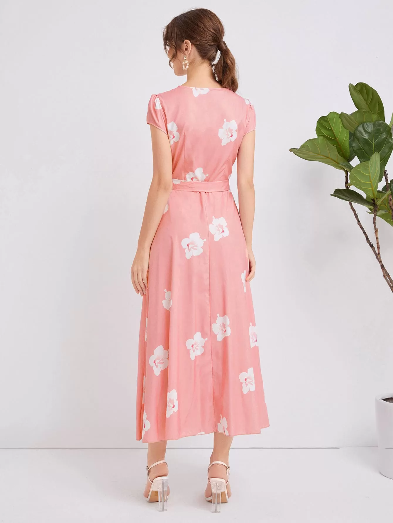 Surplice Neck Belted Floral Print Dress