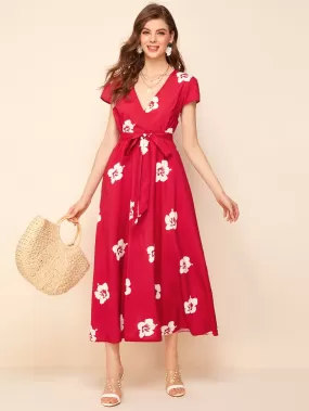 Surplice Neck Belted Floral Print Dress