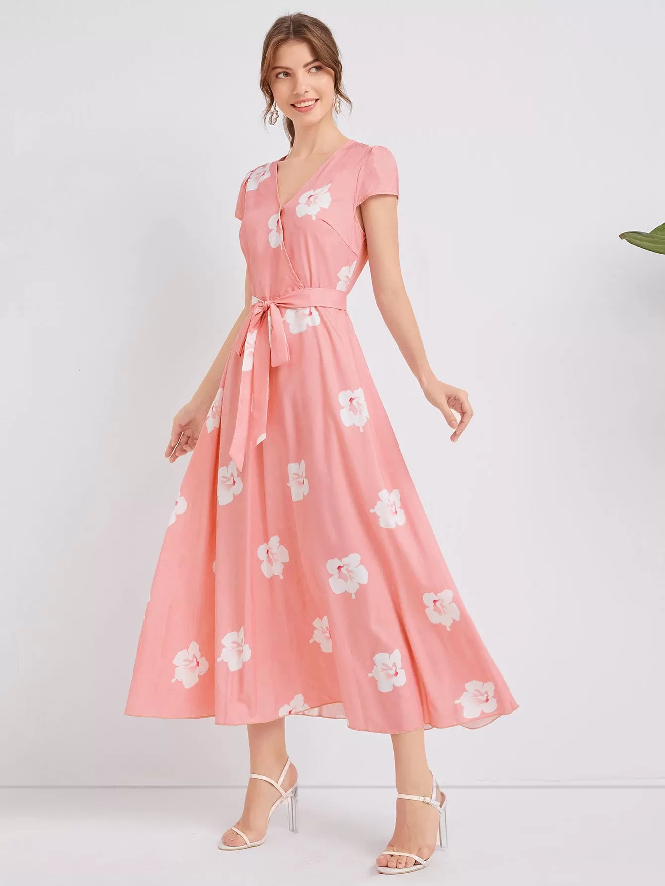 Surplice Neck Belted Floral Print Dress