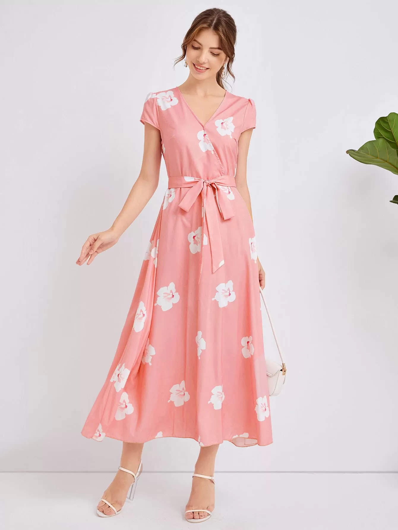 Surplice Neck Belted Floral Print Dress