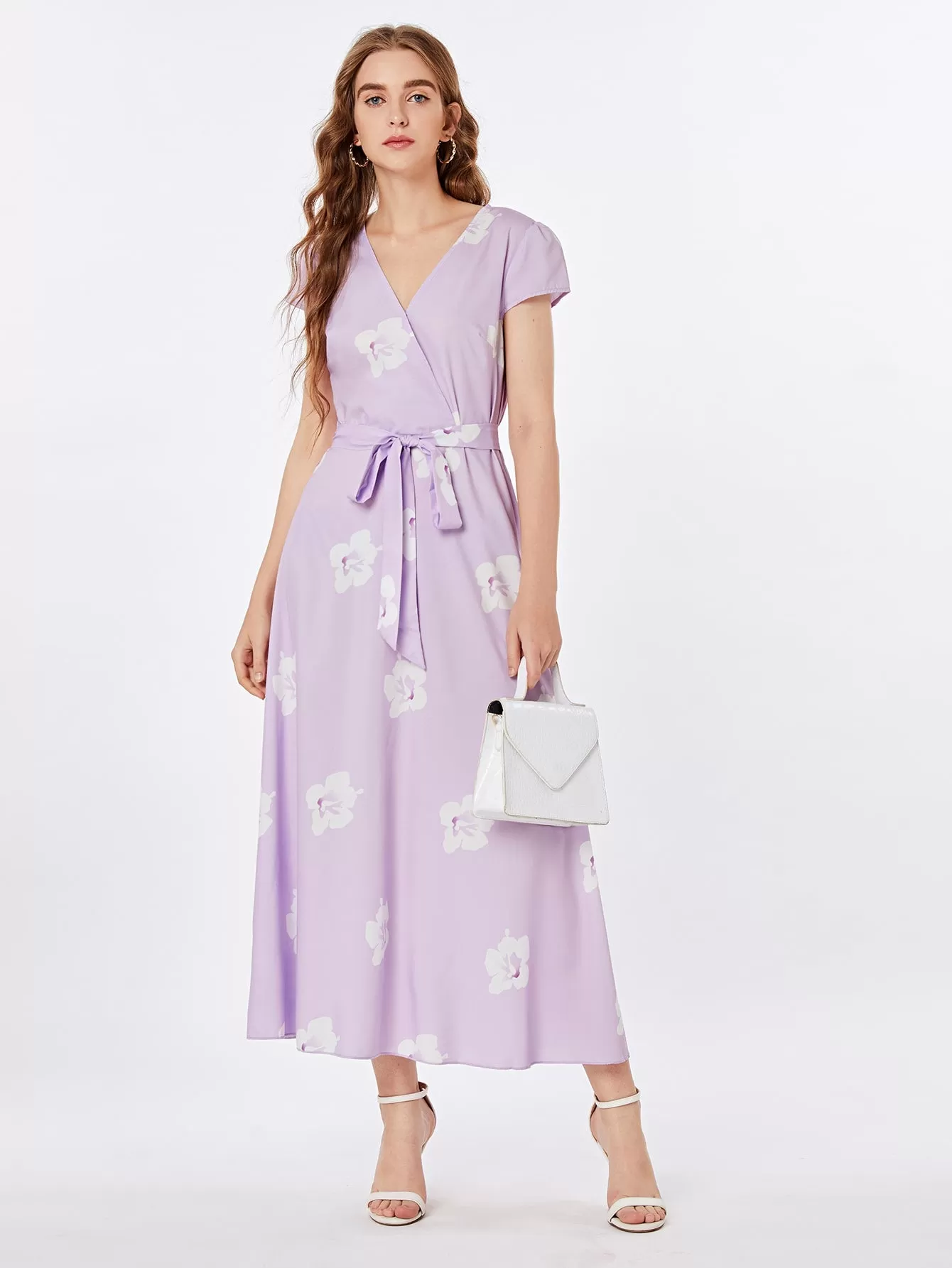 Surplice Neck Belted Floral Print Dress