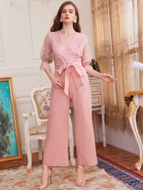 Surplice Neck Flounce Sleeve Embroidery Mesh Bodice Belted Jumpsuit