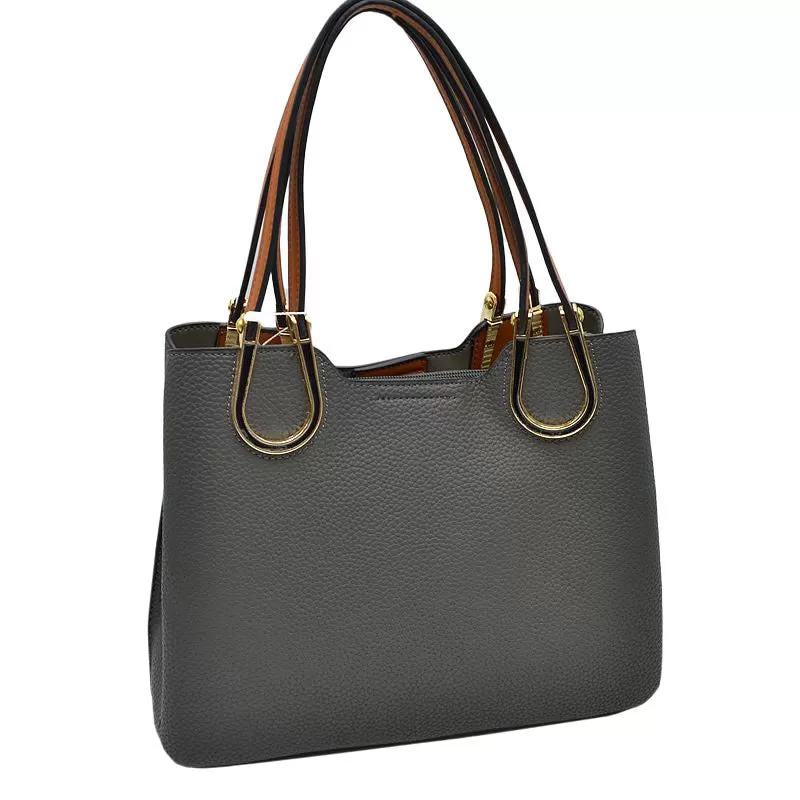 Textured Faux Leather Horseshoe Handle Women's Tote Bag