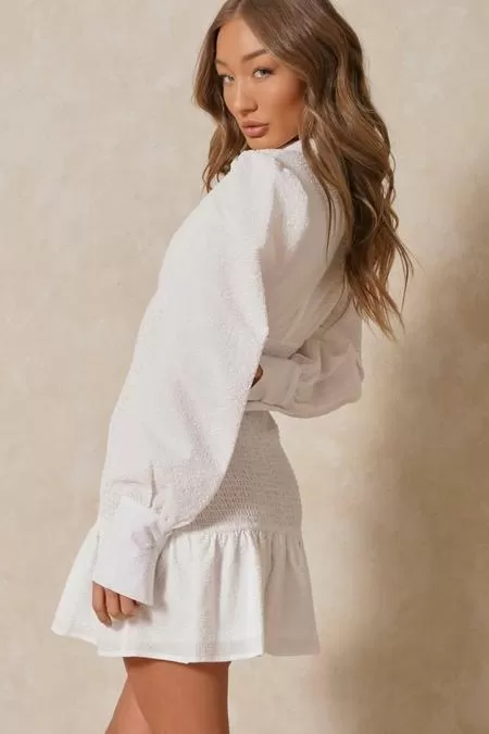 Textured Puff Sleeve Shirring Detail Dress in white