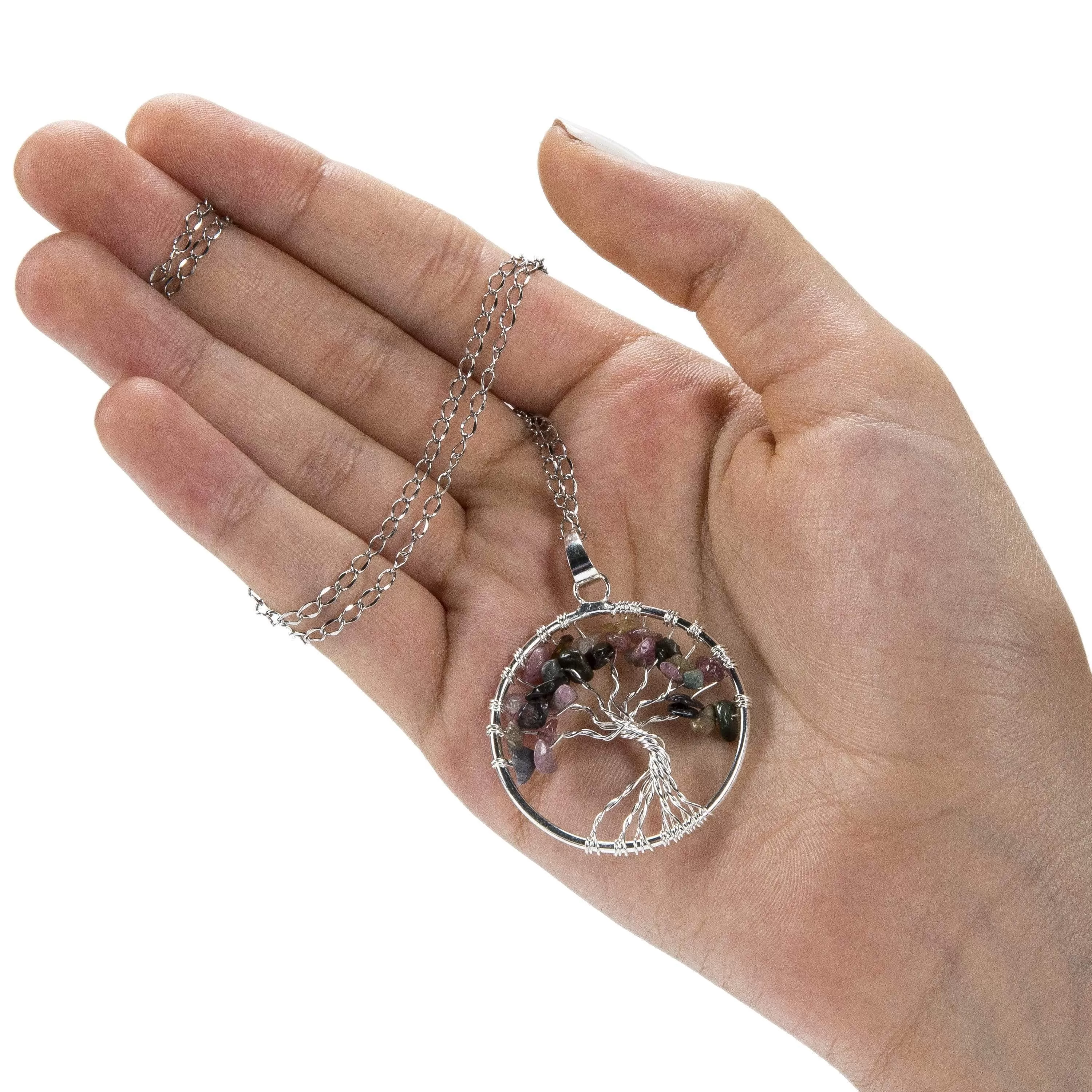 Tourmaline Chakra Gemstone Tree of Life Necklace & Stainless Steel Chain