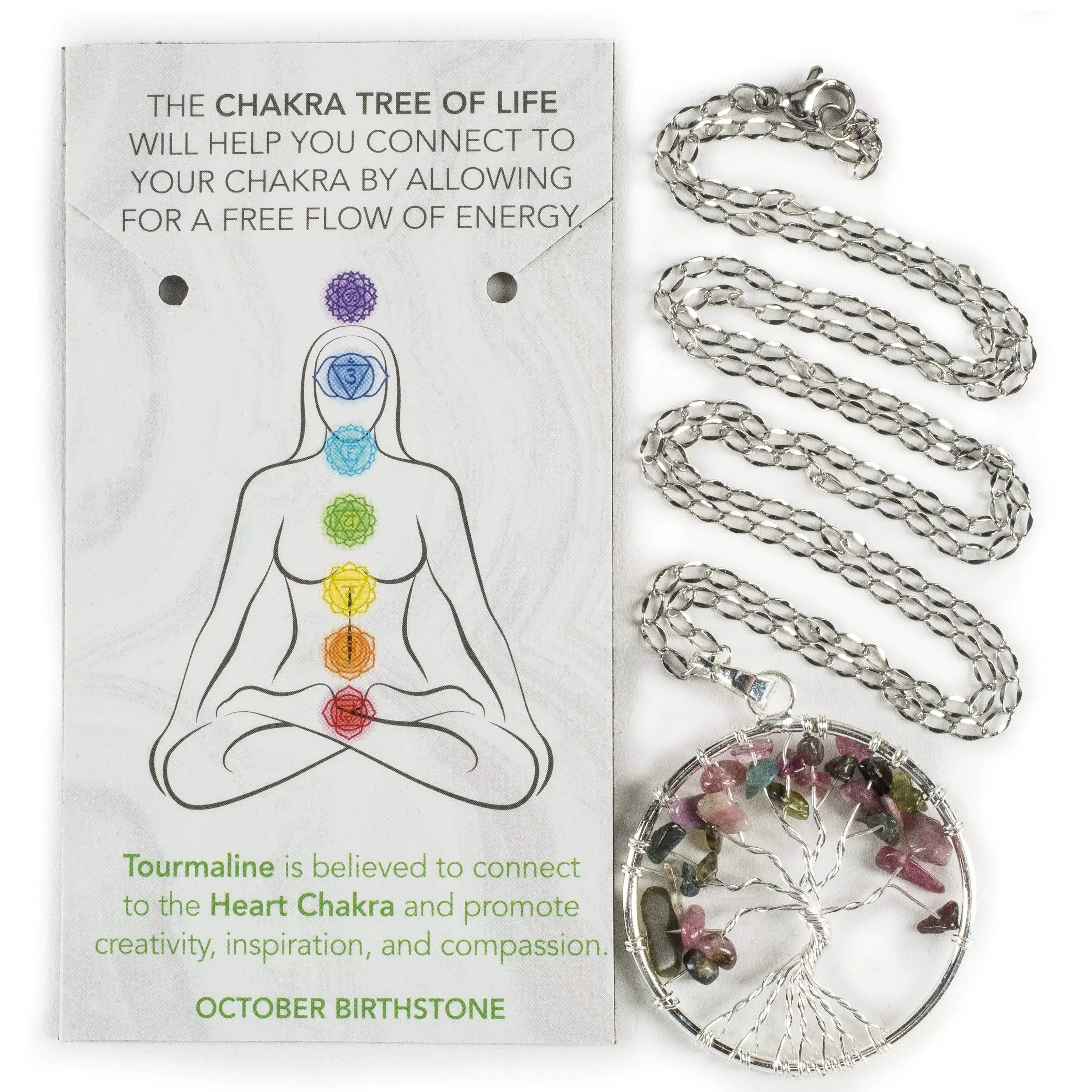 Tourmaline Chakra Gemstone Tree of Life Necklace & Stainless Steel Chain