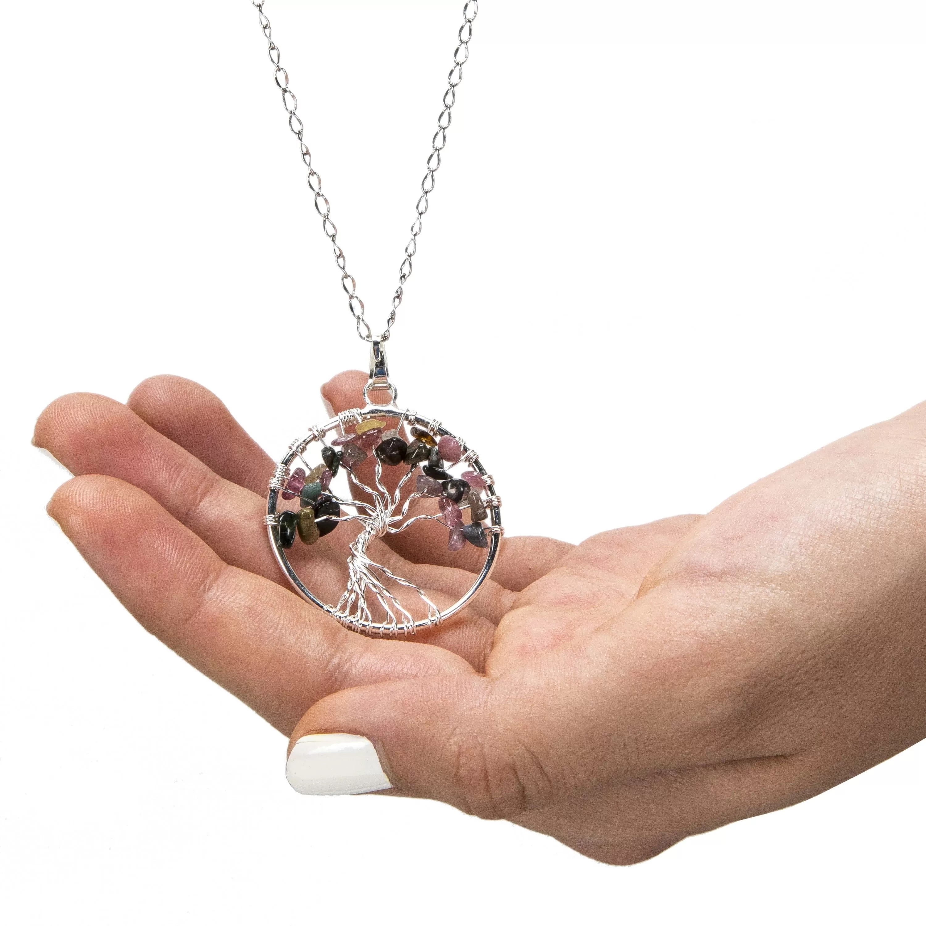 Tourmaline Chakra Gemstone Tree of Life Necklace & Stainless Steel Chain